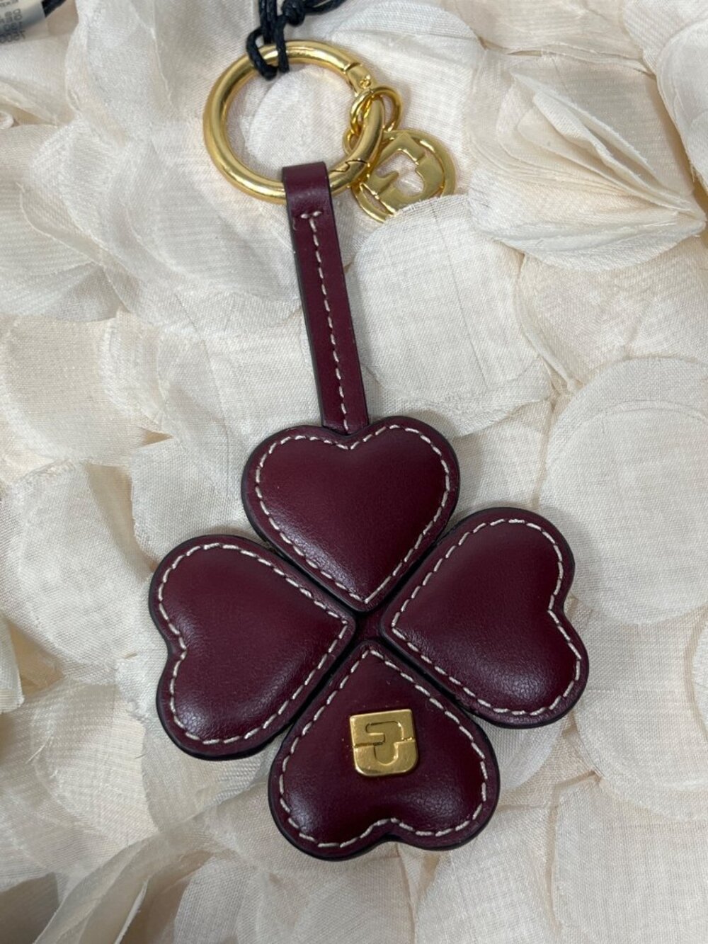 GERARD DAREL Leather Bag Charm Key Ring 4 Leaf Clover Bordeaux Brown NWT